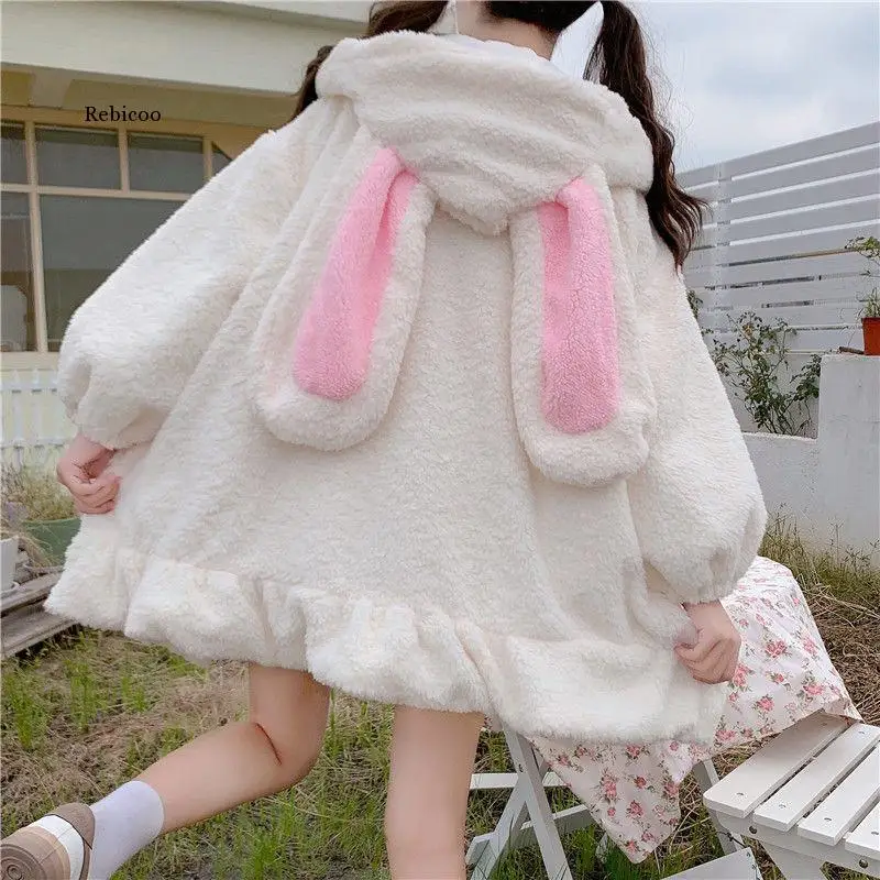 Harajuku Kawaii Rabbit Ear Sweatshirt Hoodie Women Streetwear Winter Plus Size Loose Cute Japan Clothes | Женская одежда