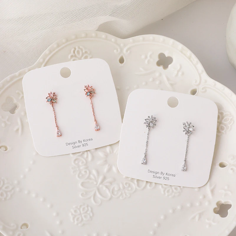 Exquisite Korean Micro Paved Cubic Zircon Dangle Earrings For Women Girls Pink Green Blue Color Rhinestone Flower Earrings Gift