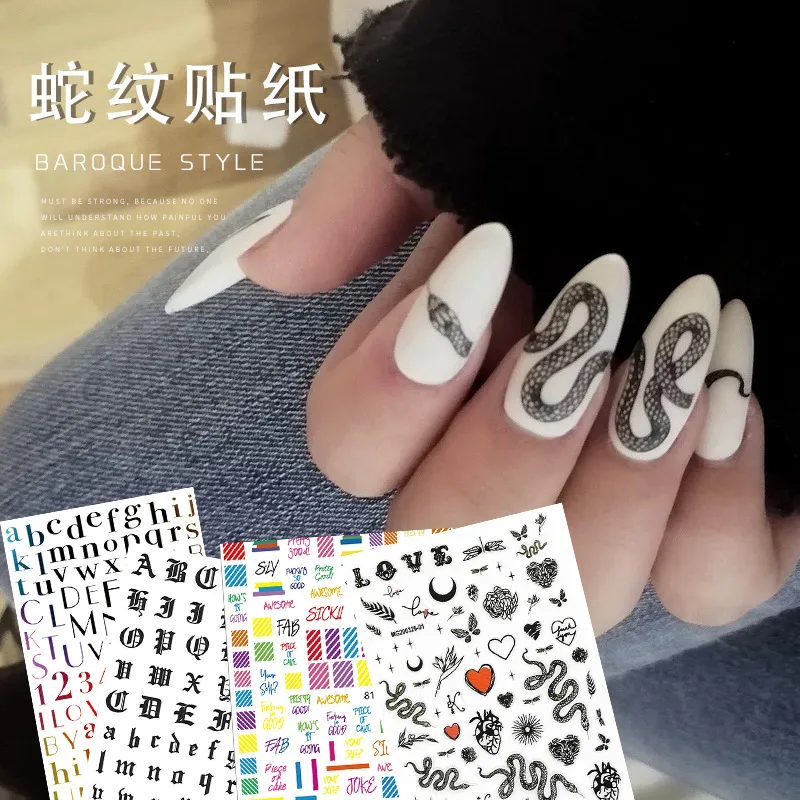 

1 Sheet Nail Water Sticker DIY Waterproof punk python dark letter trend applique Nail Art Paper Decoration Manicure