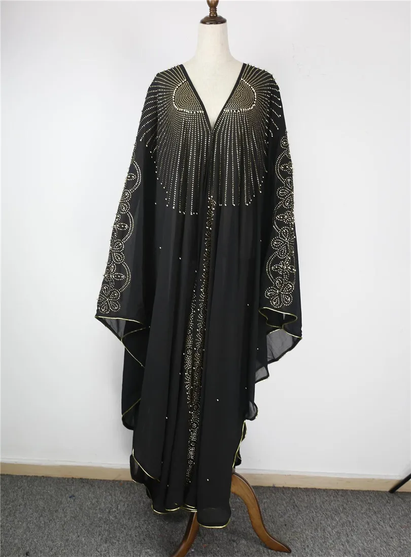 Black African Dresses For Women Dashiki Diamond Beads African Clothes Abaya Dubai Robe Evening Long Muslim Dress Hooded Cape