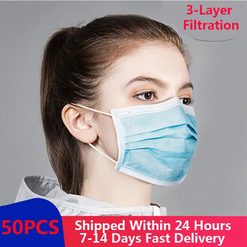 

50 Pieces Disposable Anti-Pollution 3-Layer Anti-Dust Antibacterial Mask Disposable Face Mask Protective Filter Thickened Mask