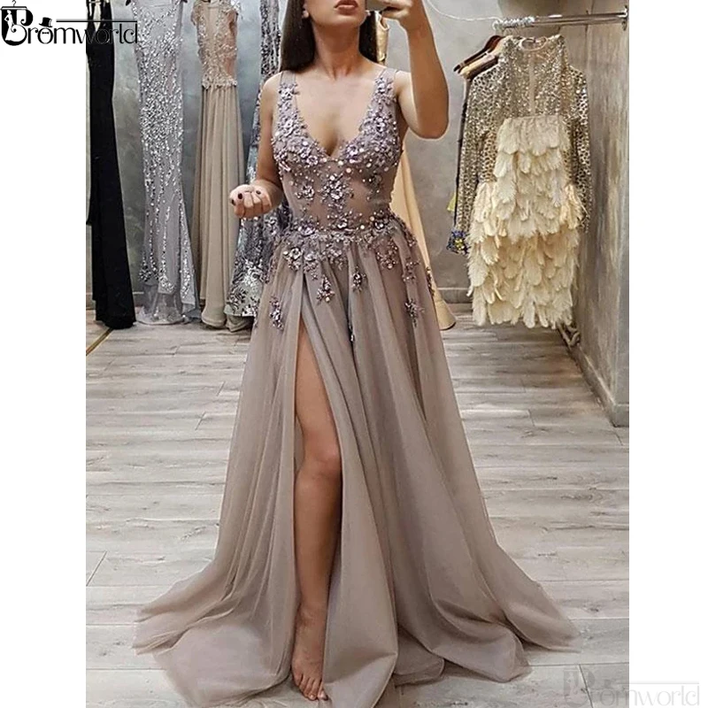 

Latest Fashion V Neck Gray Prom Dresses Long With Appliques Beading Sexy Side Slit Tulle Evening Dress Prom Party Gown 2019