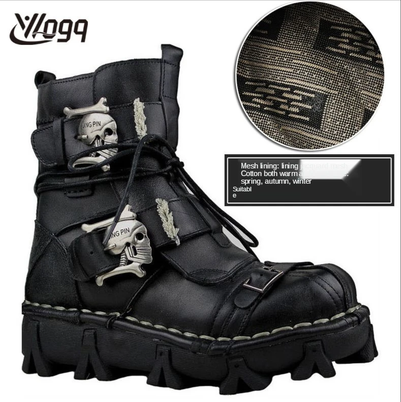 thumbnail image 1 of Botas de trabajo de cuero genuino para hombre, botas de combate militares, botas de moda Punk con calavera gótica, botas de motocicleta 50 Vintage, 1 of 5