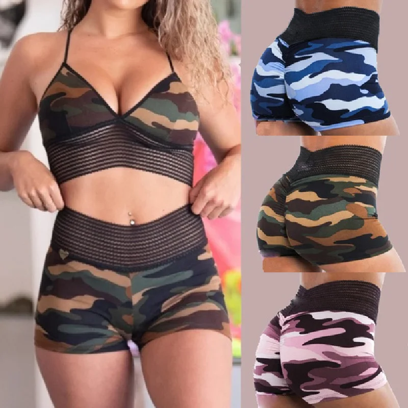 Women Camouflage Print Workout Shorts Knit Stripes Wide Waistband Sport Hot Shorts Lifting Fitness Running Leggings 1