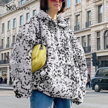 

Teddy Fleece Mid-length Oversized Hoodies Pullover Women Winter Harajuku Black White Spots Warm Sweatshirt Outerwear Streetwear