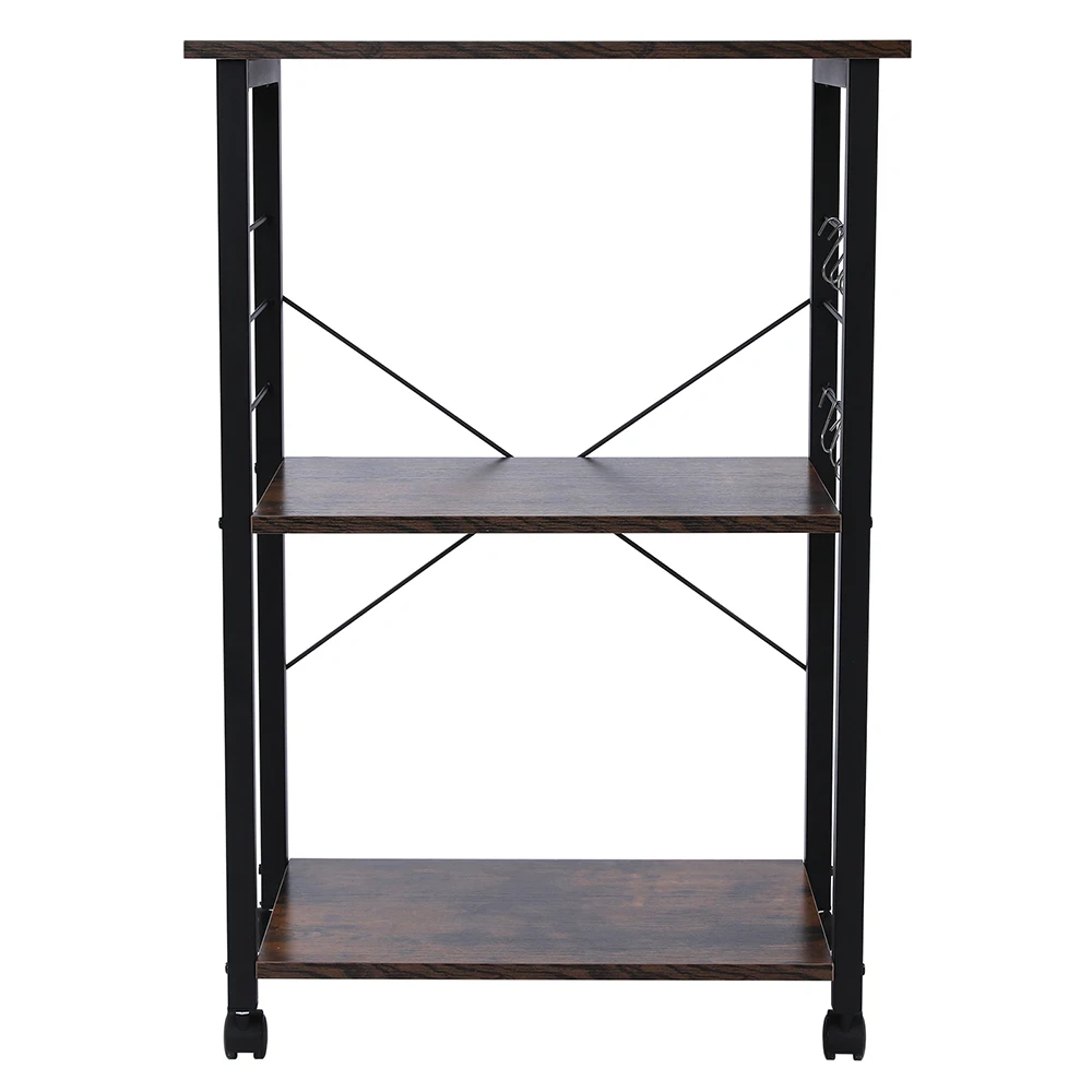 

Kitchen Baker's Rack Microwave Oven Stand Storage Cart Printer Stand 3-Tier Serving Cart with Metal Frame and 6 Hooks