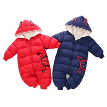 Oeak/зимнее теплое хлопковое пальто для новорожденных; Толстый комбинезон с рисунком для маленьких мальчиков и девочек; Модный комбинезон с капюшоном для младенцев