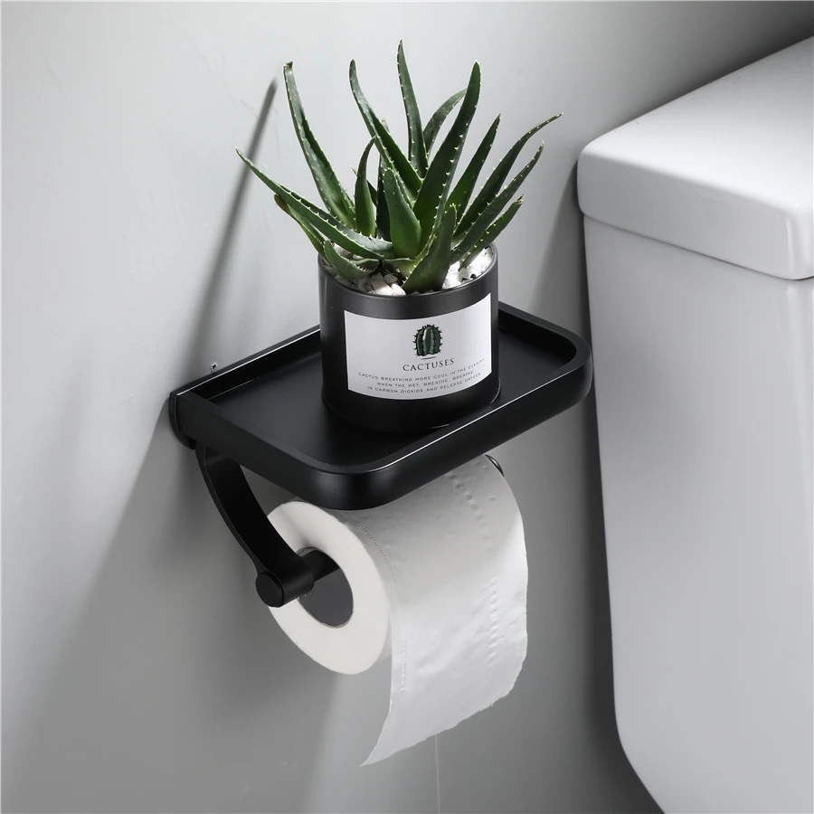 

Wall Mounted black toilet paper holder, tissue paper holder, roll holder with phone storage rack, bathroom accessories
