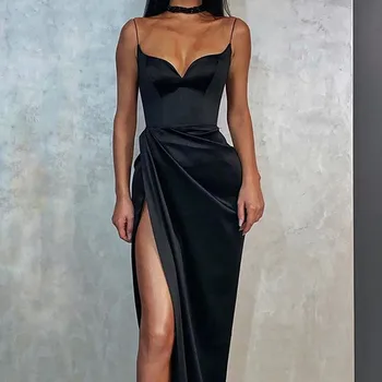 

Fashion Women Fashion Solid Color V-neck Fork Opening Strap Sleeveless Slim Bodycon Split Evening Party Long Dress Vestidos#p3