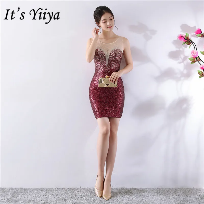 

Prom Dress It's Yiiya DX384 Elegant Burgundy Shiny Crystal Party Dresses Women Party Night O-neck Short Vestidos De Gala