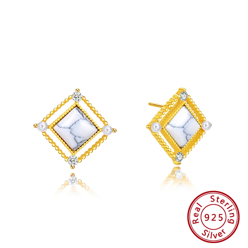 Gold Color Effie queen Настоящее S925 серьги-гвоздики мрамор AAAA Циркон квадратные серьги для женщин ювелирные изделия подарок BE177 - Цвет камня: Gold Color