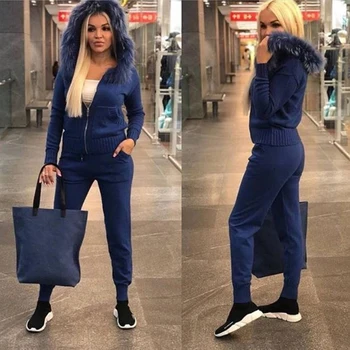 

2 Pieces Set Autumn Winter Women Knitted Set Tracksuit Fur Collar Zipper Hooded Coats+Elastic Casual Pants Women Knit Suit
