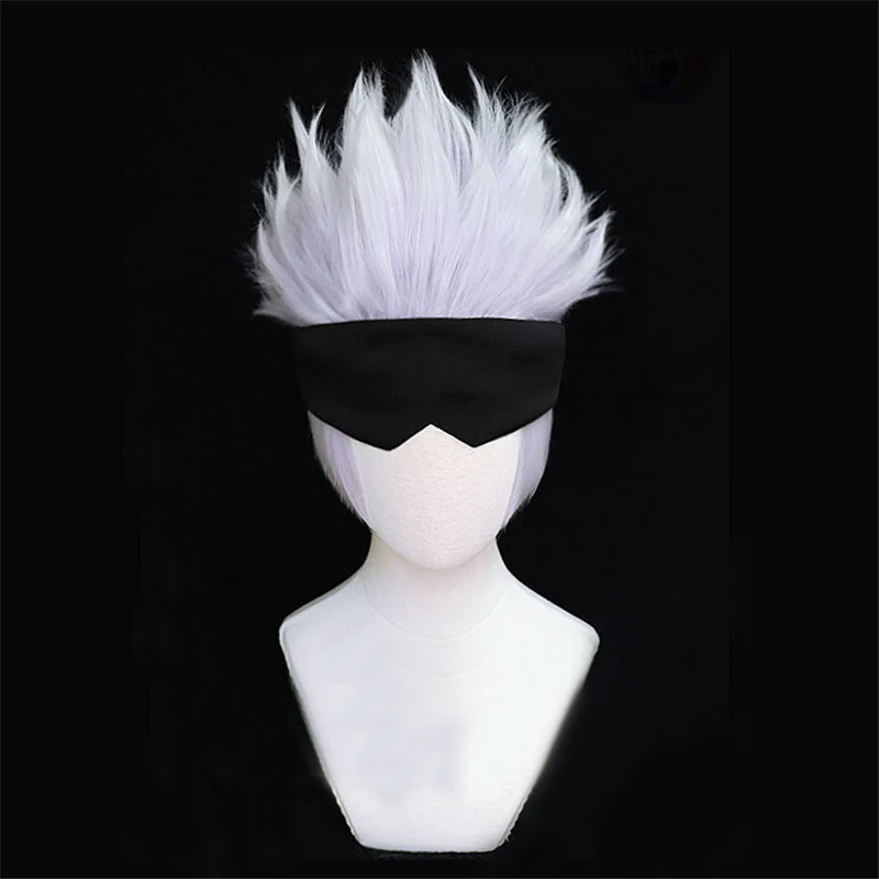 Anime Gojo Satoru Cosplay Perücke Kurze Silber-Lila Perücken für Männer Hitzebeständiges Synthetikhaar Party-Perücken mit Augenklappe und Brille – Detail 4