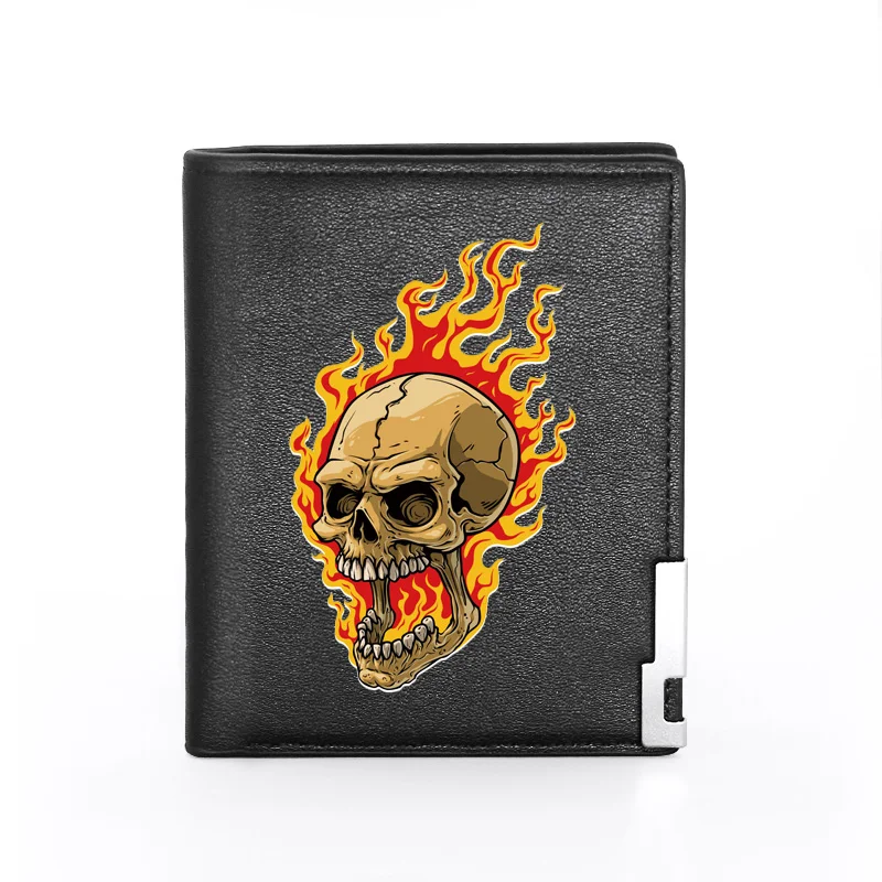 High Quality Fire Skull Cover Men Women Leather Wallet Billfold Slim Credit Card/ID Holders Inserts Male Short Purses 