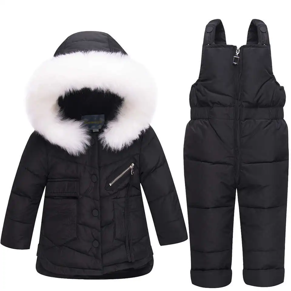Комплекты зимней одежды для детей зимний костюм, куртка+ комбинезон, комплект из 2 предметов, пуховое пальто для маленьких мальчиков и девочек зимняя одежда для маленьких девочек - Цвет: black with white fur