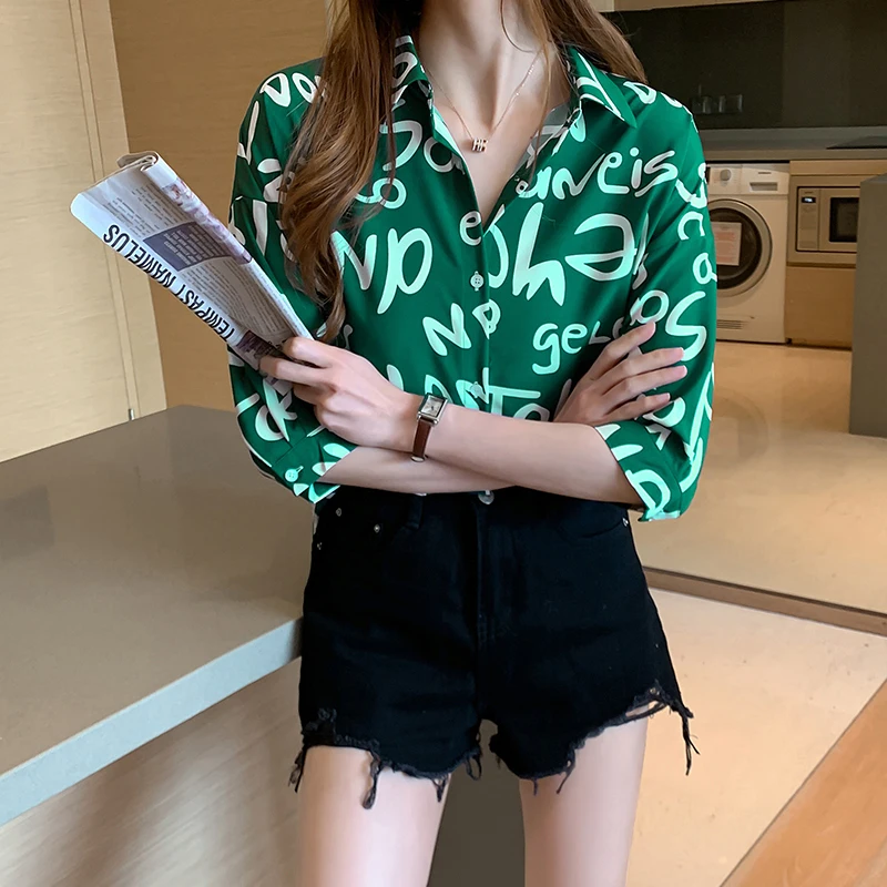 Letter Prints Shirt Women Summer 2020 New Fashion Turn Down Collar Short Sleeve Blouse Female Loose Casual White Shirts Woman