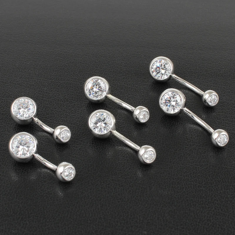 Real 925 sterling silver belly button ring clear double zircon stones body jewelry ball navel bar piercing jewelry free shipping