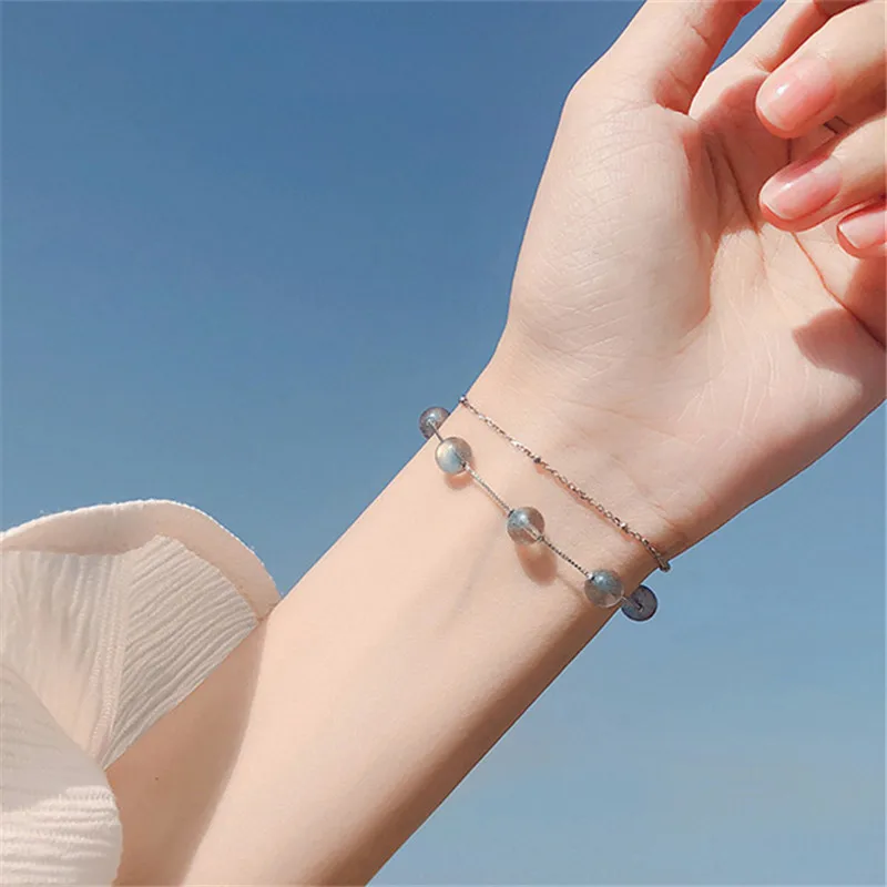 Женский двухслойный Браслет из серебра 925 пробы с круглыми бусинами | Украшения и