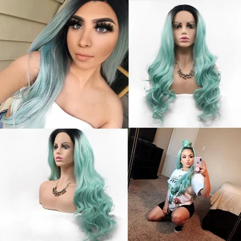

DANBO lace front black gradient green wavy long hair, high temperature resistant synthetic wig, suitable for white/black women