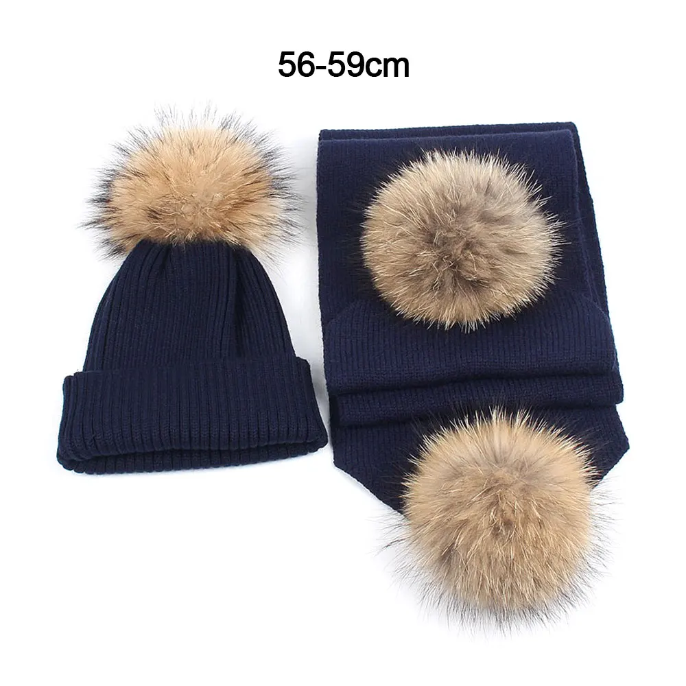 Winter Beanies Baby Hat Kids Warm Knitted Hat Scarf Set with Fur Pompom Ball Cap Cute Kids Toddler outdoor Warm Beanie Hat - Цвет: Navy 56-59cm