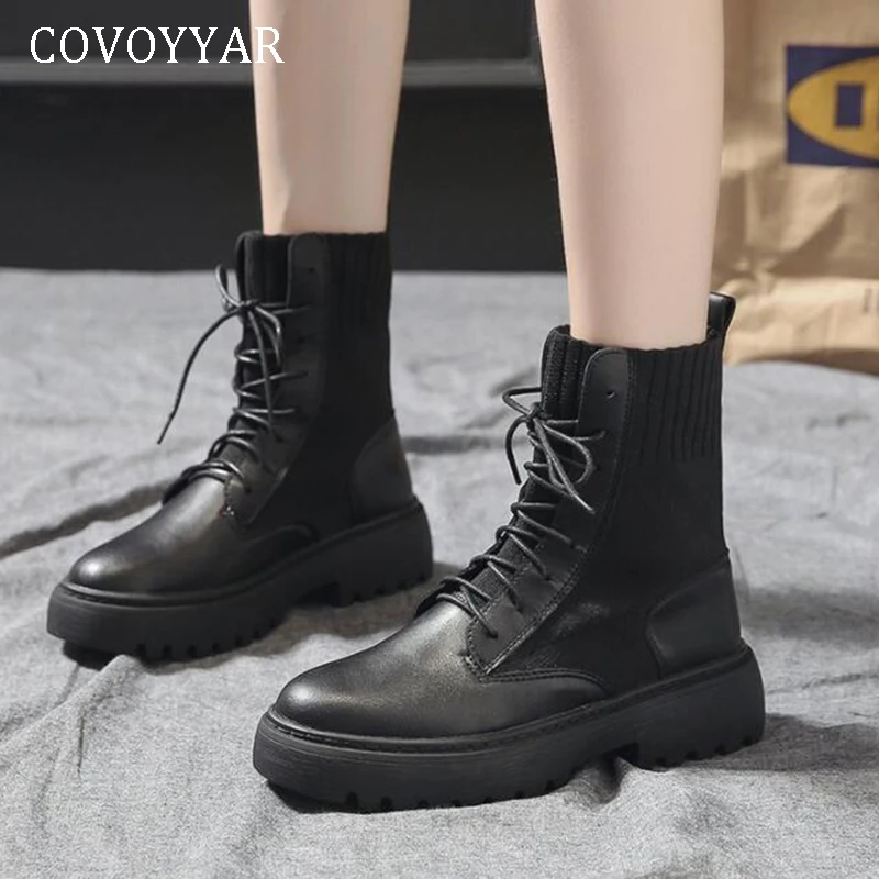 

COVOYYAR 2019 Knitted Women Boots Platform Patchwork Ankle Boots Black Sock Motorcycle Booties Autumn Winter Woman Shoes WBS114