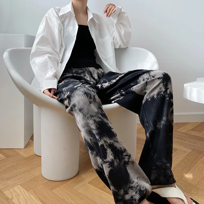 Autumn New Ink-wash Tie-dye Dizzy Drawstring Pants High Waist Straight Casual Mop Sports Pants For Women