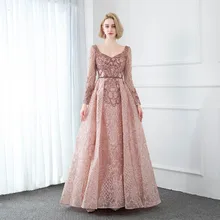 YQLNNE коллекция розовые с длинным рукавом Вышитые вечерние платья V шеи Кристаллы бисером формальное вечернее платье