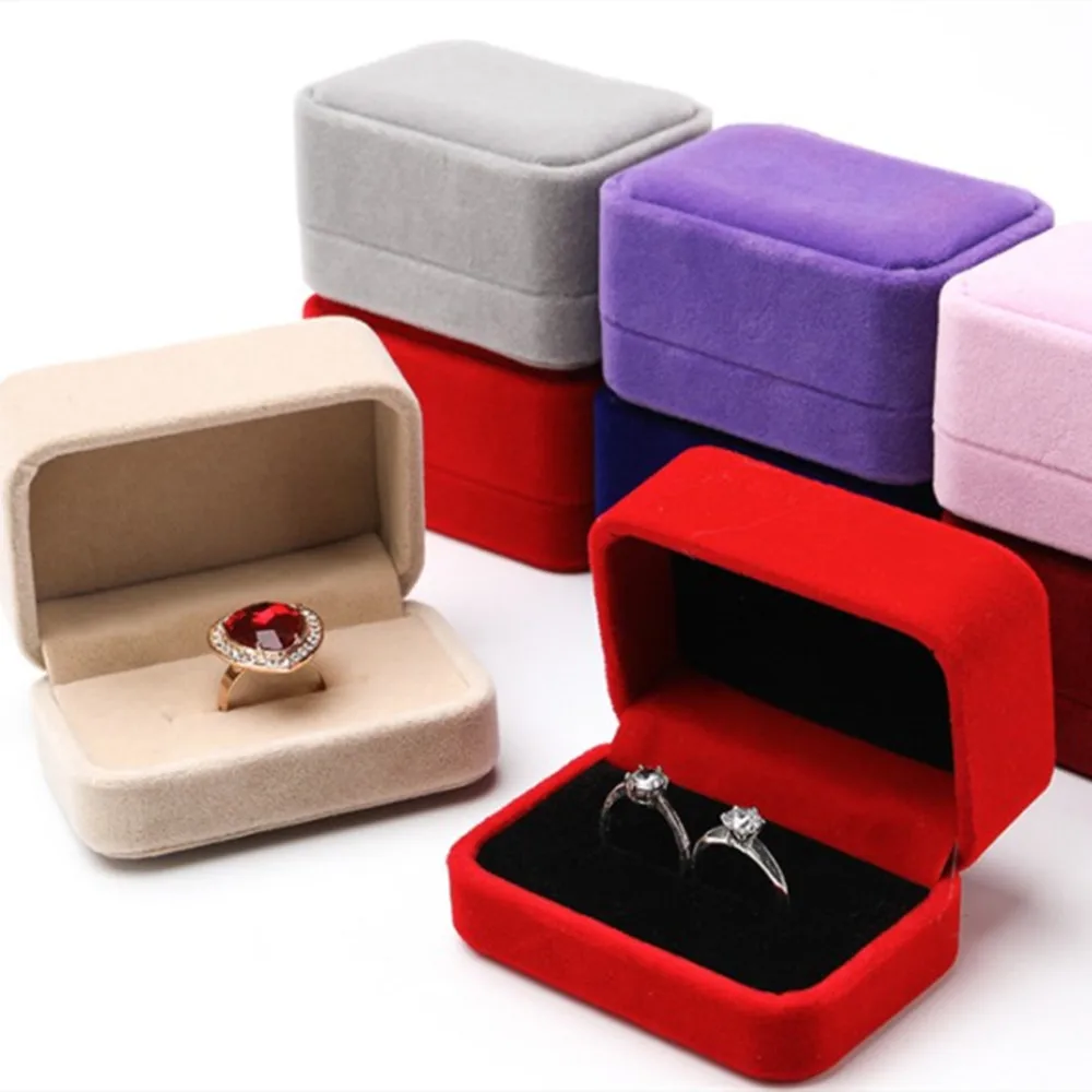 Velvet Ring Box Couple Double Ring Earrings Display Holder Case Proposal Engagement Wedding Marriage Anniversary Jewelry Packing