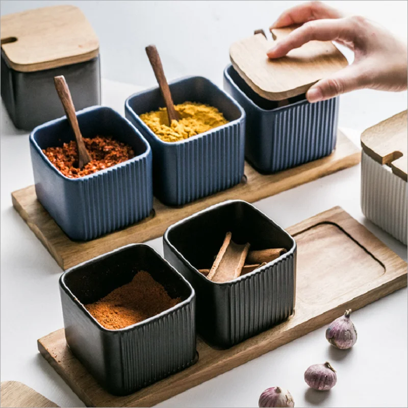 Square Vertical Ceramic Seasoning Jar Matte Color Glaze Salt Sugar Spice Jar