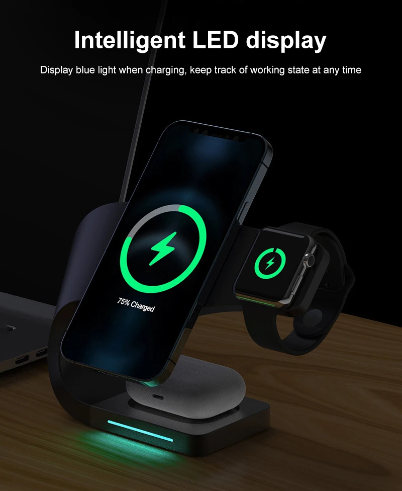 15W Qi Fast Charging Stand For IPhone 12 11 X XS XR XS Max X 8 4 In 1 Wireless Charger Station For Apple Watch 6 5 4 Airpod Pro
