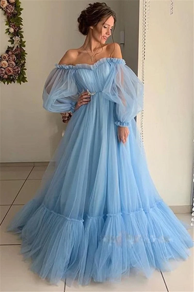 

Elegant Off-Shoulder Ball Gown Women Pink Slash-Neck Comfort Mesh Formal Dress Bridesmaid Clothing Blue Floor-Length Party Robes