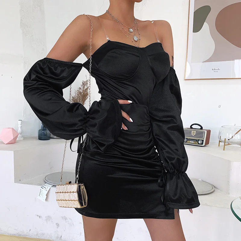 

Gothic Black Sexy Women Spaghetti Straps Slash Neck Backless Trumpet Long Sleeve Folds Party Dress Goth Dark Lace Up Mini Dress