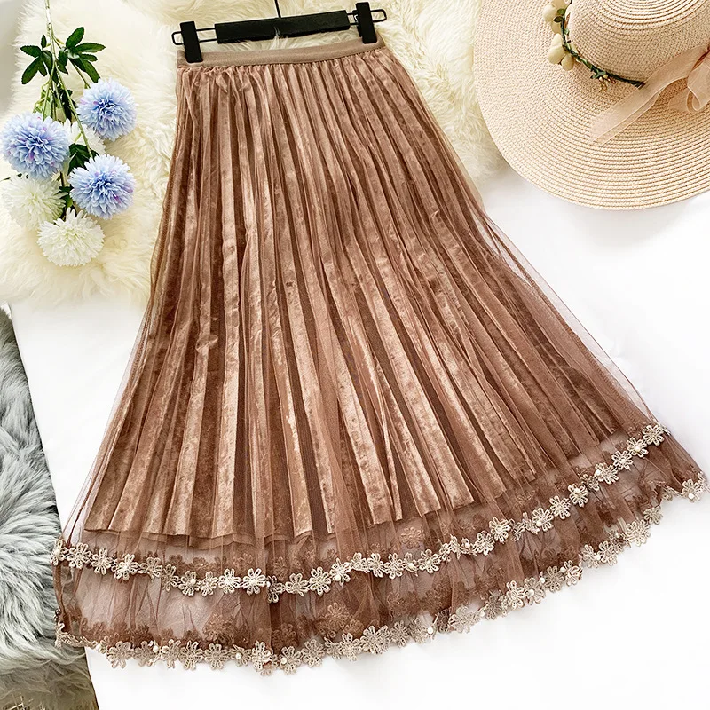 

AcFirst Black Gray Women Skirts Mesh High Waist Appliques Mesh A-Line Ankle Length Skirts Pleated Clothing Corduroy Plus Size