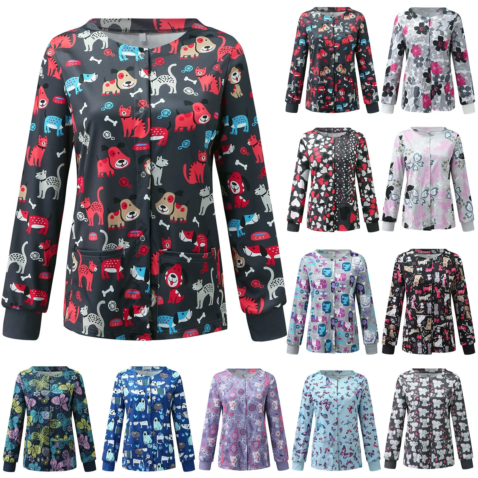 Uniforme de enfermería con estampado de dibujos animados para mujer, uniforme de protección de manga larga con cuello redondo, mono médico informal, ropa de cuidador|Partes de arriba y abajo