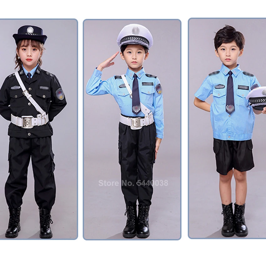 

Traffic Police Officer Uniform Cosplay Costume for Kids Baby Boy Girl Carnival Party Role Playing Fancy Top Pants Tie Hat Set