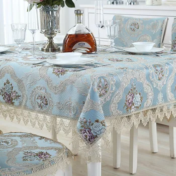 

Lace Embroidery 3D Jacquard Luxury Tablecloth Rectangular Square Blue European Home Decor Dinning TV Night Table Chair Cover