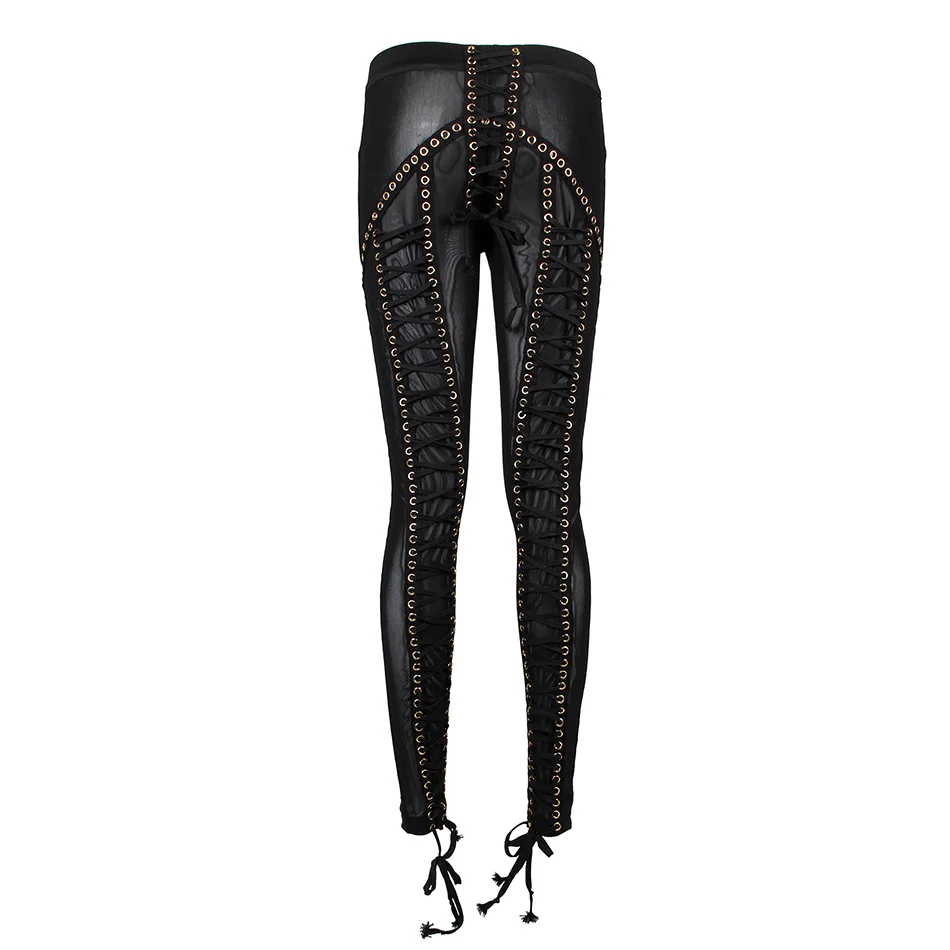 Sexy Anniversary Pants Lace up Detailing Long Mesh Pants in Black with Gold Eyelets