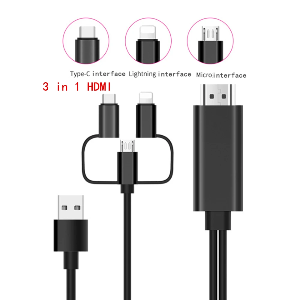 Câble MHL 3 en 1 pour iPhone, compatible avec HDMI, Samsung, projecteur,  TV, 2M, adaptateur pour HDTV 1080P - AliExpress