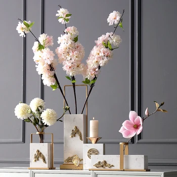 

Luxtry Rectangle Gold Vase Modern White Marble Vases Artificial Flower Arrangement Vase Ornament Decor Art Home Furnishing