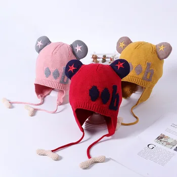 

Baby hats Cartoon five-pointed star ear autumn and winter knit hat 1-4 years old baby wool hat children embroidery letters caps