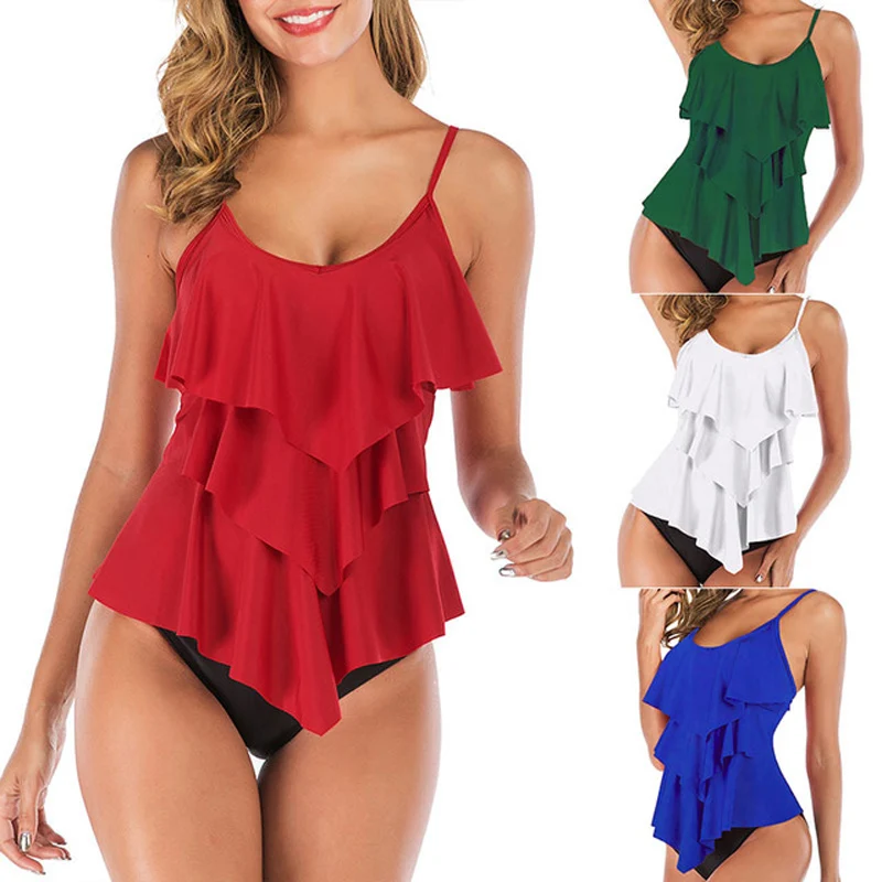 Tankini Swimsuits Women Beach Brazilian Bikini Pleated Three-Layer Ruffle Triangle Split Swimsuit Sport Swimwear Badpak |