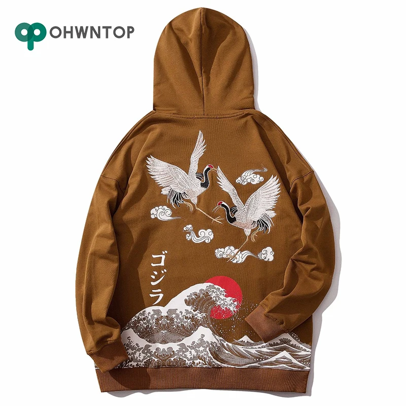Tanie Hip Hop Streetwear bluzy męskie Harajuku żuraw haft bluza japonia styl z długim rękawem moda jesień swetry bluzy z kapturem topy