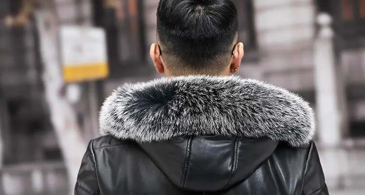 Длинные кожаные пуховики, мужские зимние пуховики из овчины, ветровка с капюшоном, парки с утиным пухом, Воротник из лисьего меха, теплая зимняя одежда