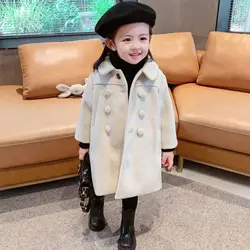 Chic Double Breasted Woolen Trench Coat for Girls - Autumn Winter Outerwear for Kids, Ages 2-6 (Beige)