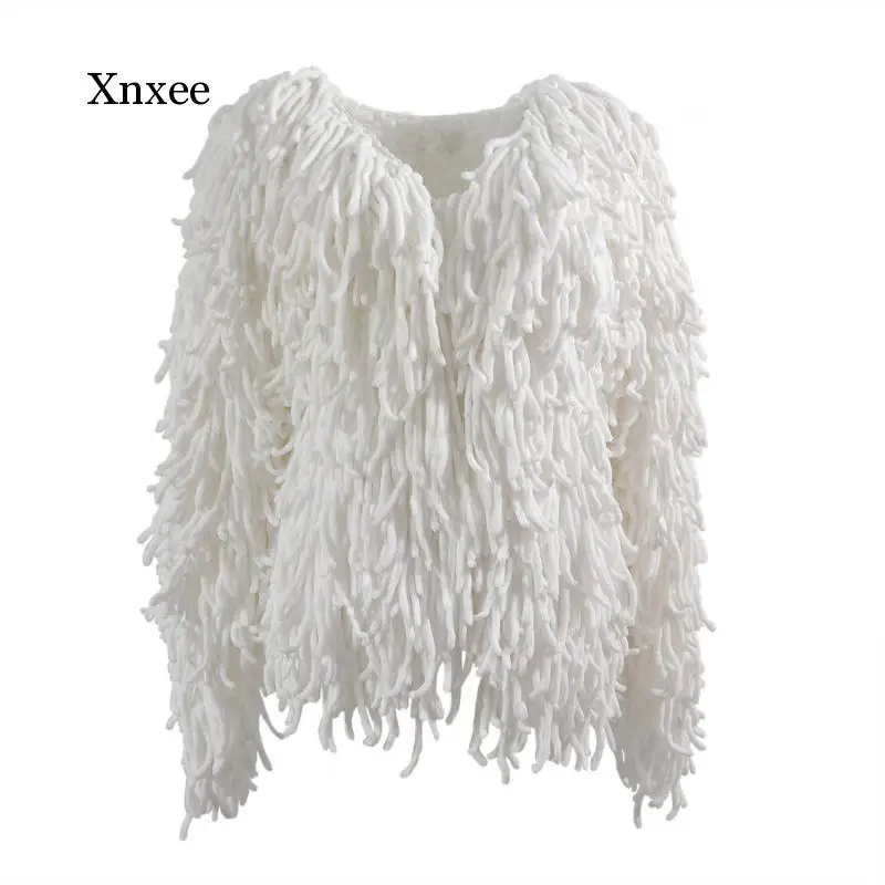 Vintage Knitting Shaggy Jacket Coat Women Sweater Soft Female Overcoat Autumn Winter Hairy Faux Fur Coat Cardigan Blue Orange