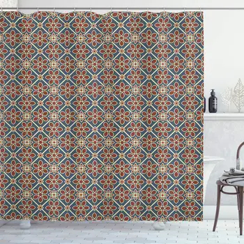 

Eastern Shower Curtain, Mehndi Style Cultural Motif Swirled Curved Petals Wild Flora Themed Squares, Cloth Fabric Bathroom Decor
