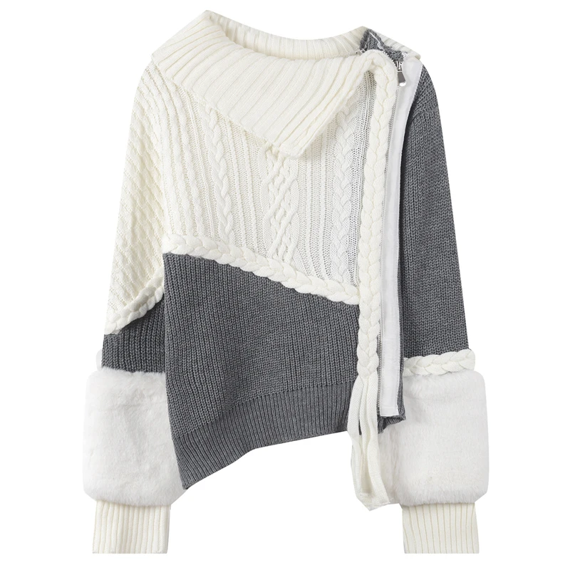 

Women Sweater Loose Turtleneck Zipper Knitted Pullovers Lace Up Twist Top Color Block Long Sleeve Tassel Jumper Autumn Winter