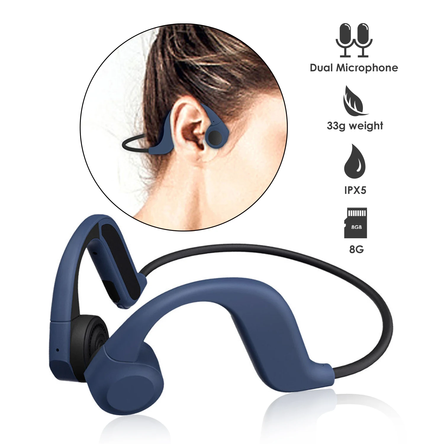 BBGear X9 Bone Conduction MP3 Player with Built in 8Gb Memory IP55 Waterproof Bone Conduction Headset w/Mic Sports Headphones