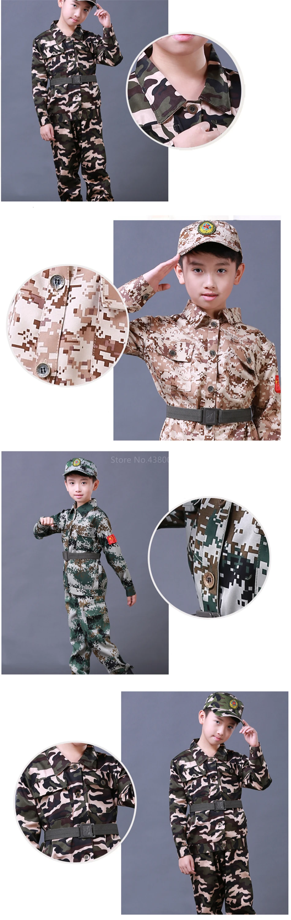 Детская армейская Военная униформа, одежда для солдат для мальчиков, Детская тренировочная камуфляжная длинная куртка+ штаны+ шляпа+ пояс, комплект армейской одежды