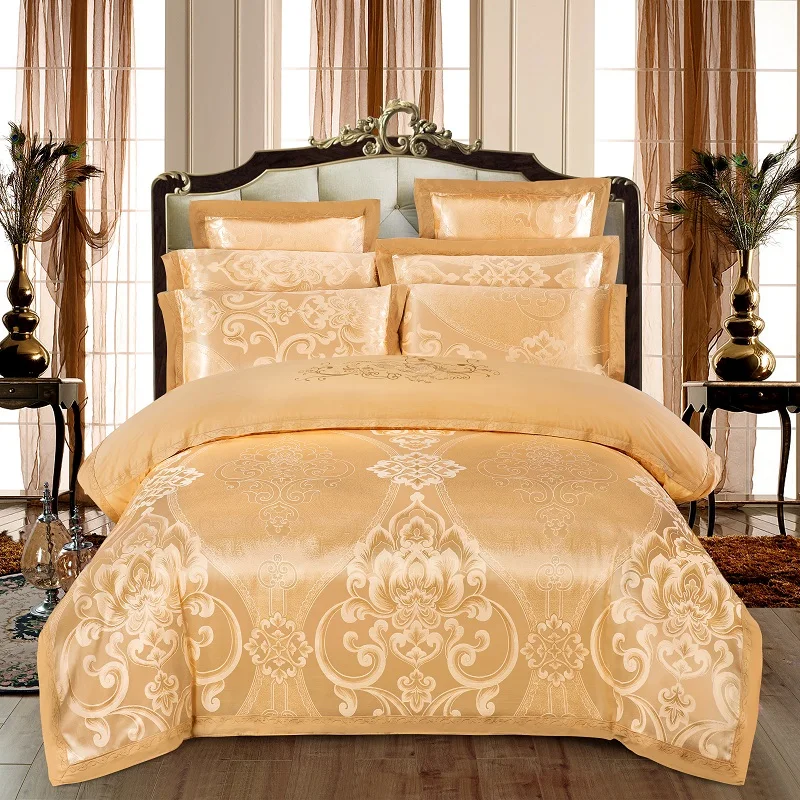 KELUO Luxury Wedding jacquard mulberry silk bedding 100%cotton Embroideredincluding duvet cover bed sheet pillowcase GRAY - Color: Such as pictures